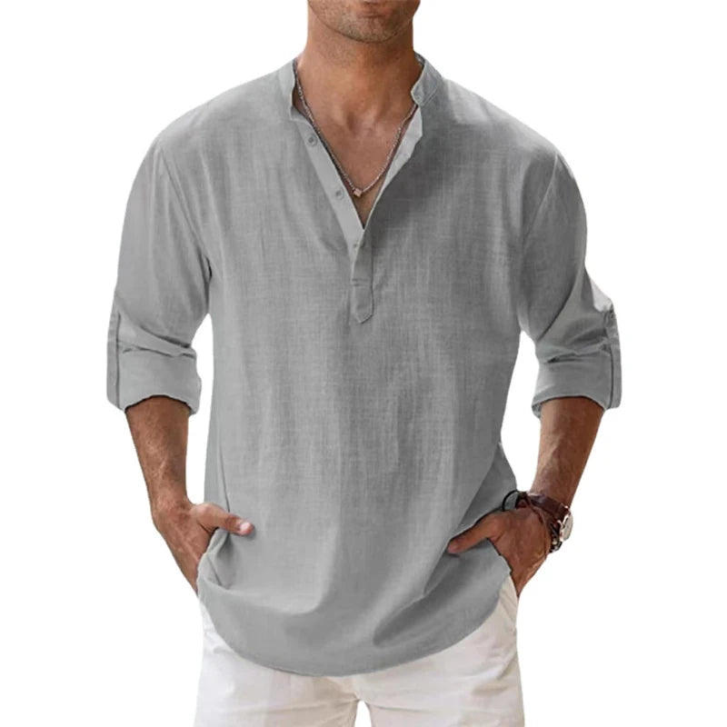 New Cotton Linen Henley Beach Hawaiian T-Shirts for Men