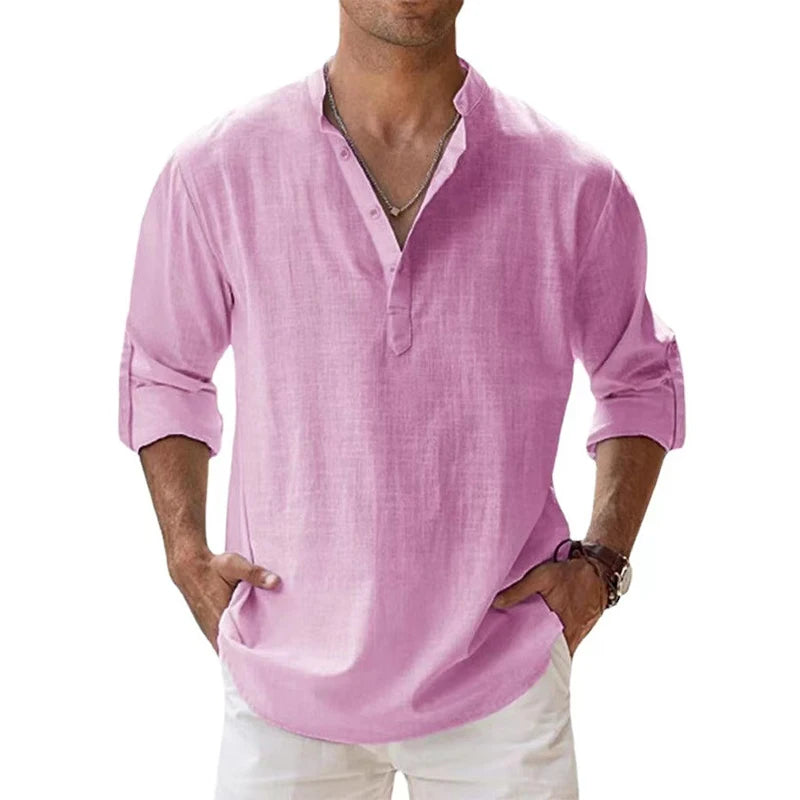 New Cotton Linen Henley Beach Hawaiian T-Shirts for Men