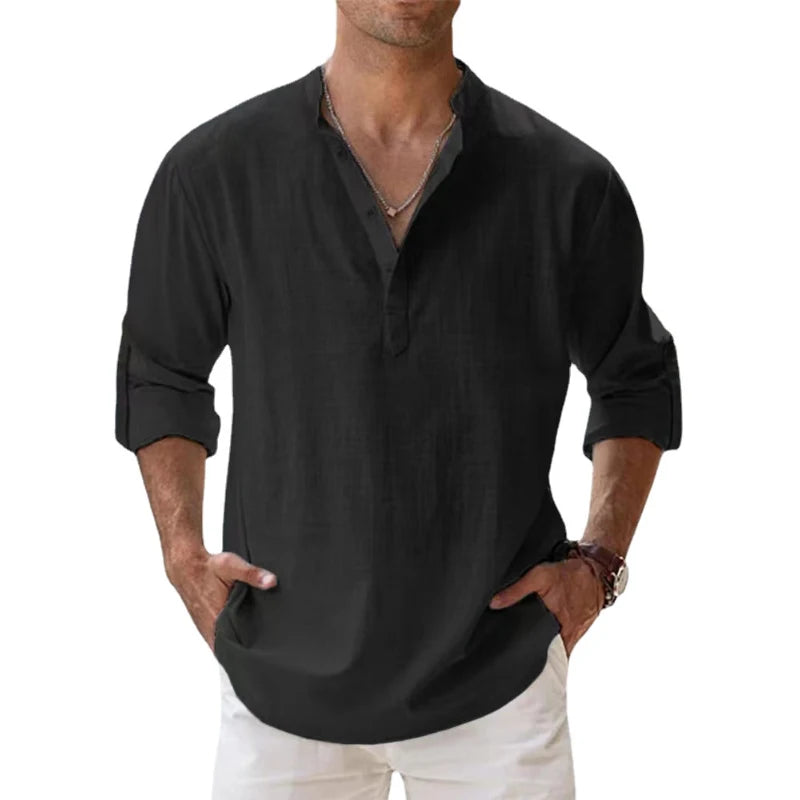 New Cotton Linen Henley Beach Hawaiian T-Shirts for Men