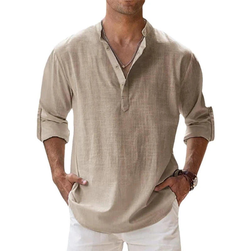 New Cotton Linen Henley Beach Hawaiian T-Shirts for Men