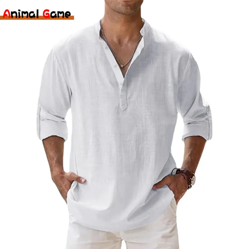 New Cotton Linen Henley Beach Hawaiian T-Shirts for Men