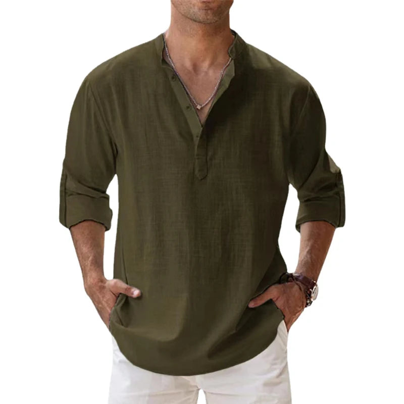 New Cotton Linen Henley Beach Hawaiian T-Shirts for Men