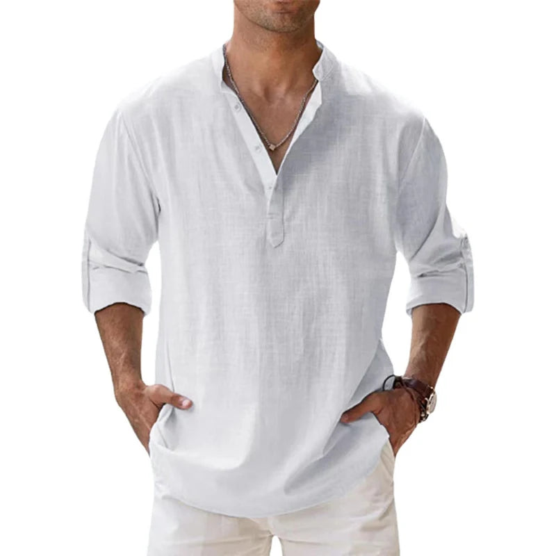 New Cotton Linen Henley Beach Hawaiian T-Shirts for Men