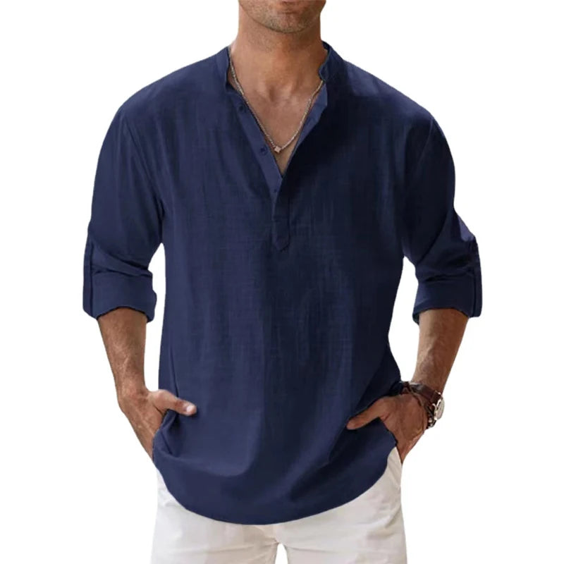 New Cotton Linen Henley Beach Hawaiian T-Shirts for Men