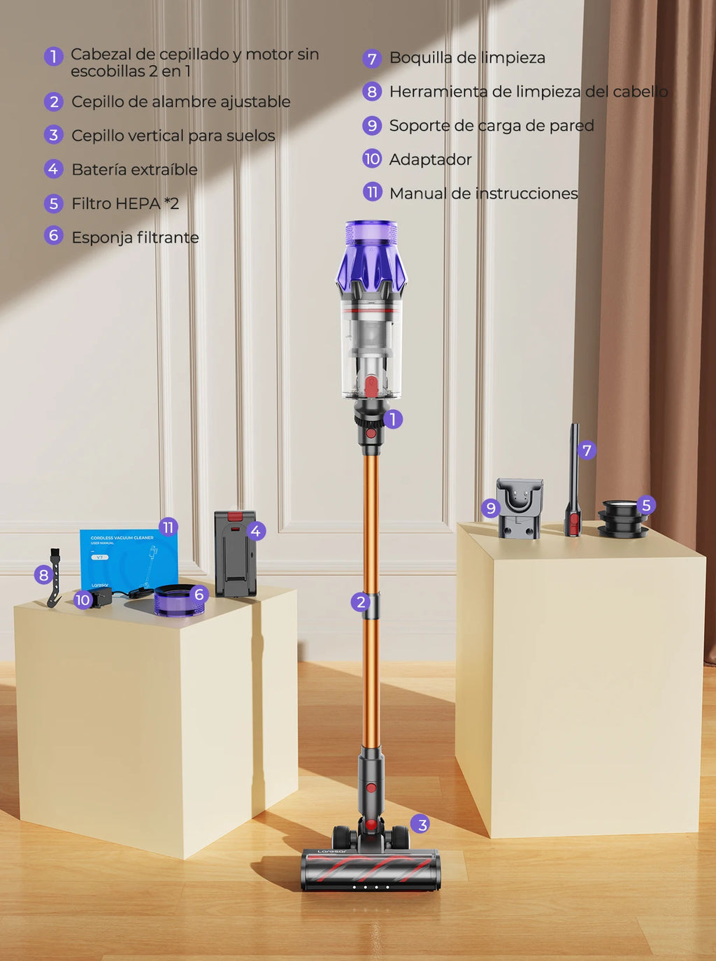 Laresar V7 500W 50000PA Suction Power Cordless Vacuum Cleane