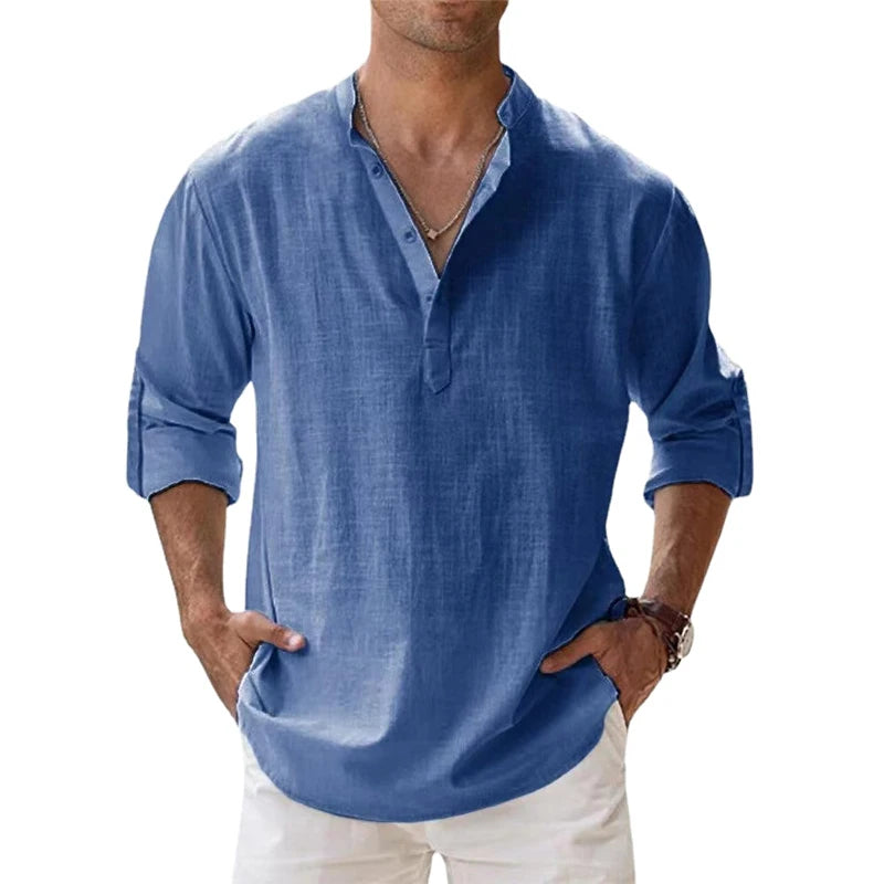 New Cotton Linen Henley Beach Hawaiian T-Shirts for Men